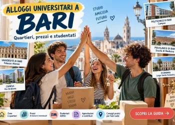 Quattro studenti universitari festeggiano con le chiavi di un appartamento a Bari, con richiami alle principali sedi universitarie