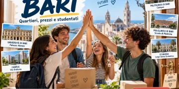 Quattro studenti universitari festeggiano con le chiavi di un appartamento a Bari, con richiami alle principali sedi universitarie