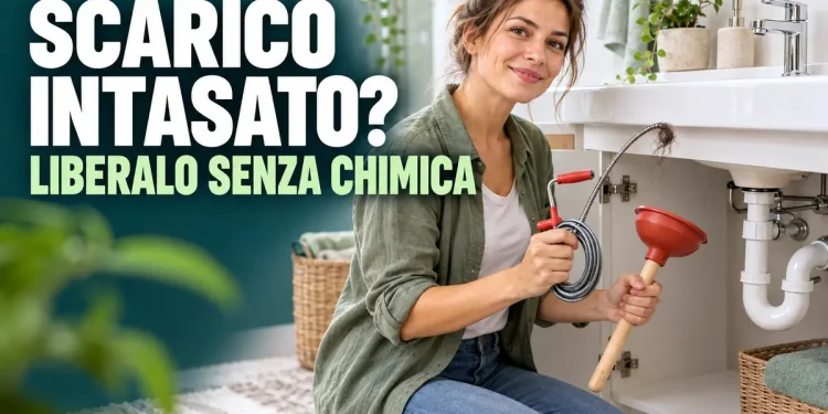Donna con ventosa e sonda manuale per liberare lo scarico del lavabo senza prodotti chimici.