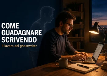 Ghostwriter al computer mentre scrive un testo destinato a essere pubblicato con il nome del cliente.