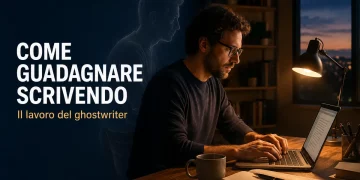Ghostwriter al computer mentre scrive un testo destinato a essere pubblicato con il nome del cliente.