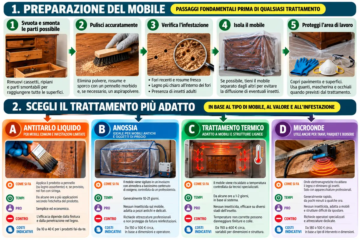 Preparazione del mobile e confronto tra trattamenti antitarlo, anossia, calore e microonde
