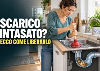 Donna che utilizza una ventosa per liberare lo scarico intasato del lavello della cucina.