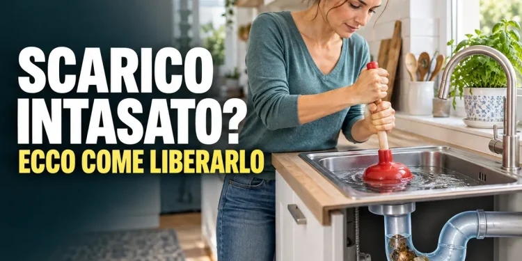 Donna che utilizza una ventosa per liberare lo scarico intasato del lavello della cucina.
