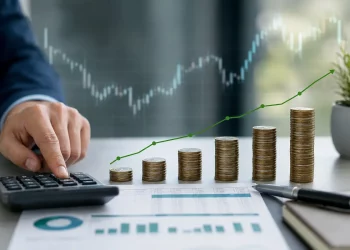 Calcolo del tasso di crescita atteso dei dividendi con grafico, monete e calcolatrice.