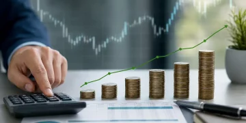 Calcolo del tasso di crescita atteso dei dividendi con grafico, monete e calcolatrice.