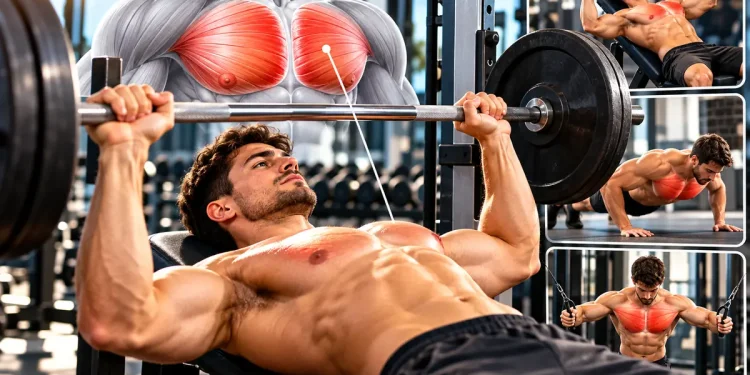 Uomo allena i pettorali con panca piana, manubri, push-up e cavi in palestra