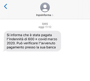 sms conferma bonifico 600 euro