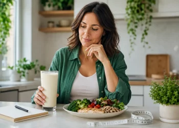 Donna confronta un frullato sostitutivo del pasto con un piatto equilibrato