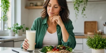 Donna confronta un frullato sostitutivo del pasto con un piatto equilibrato