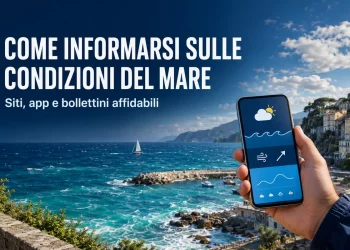 Consultazione delle condizioni del mare tramite smartphone davanti a una costa italiana.