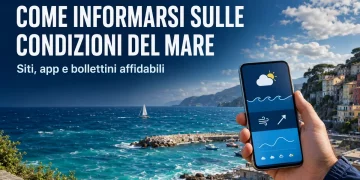 Consultazione delle condizioni del mare tramite smartphone davanti a una costa italiana.
