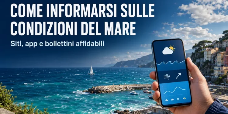 Consultazione delle condizioni del mare tramite smartphone davanti a una costa italiana.