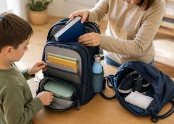 Bambino e genitore organizzano libri, merenda e borraccia nello zaino scolastico