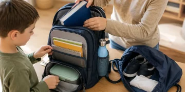 Bambino e genitore organizzano libri, merenda e borraccia nello zaino scolastico