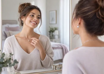 Giovane donna sorridente allo specchio con collana e orecchini d’argento luminosi.