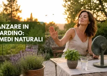Donna in giardino con ventilatore e piante aromatiche per allontanare le zanzare
