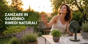 Donna in giardino con ventilatore e piante aromatiche per allontanare le zanzare