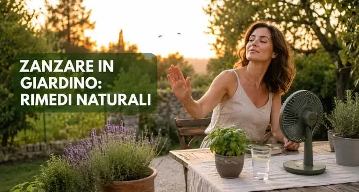 Donna in giardino con ventilatore e piante aromatiche per allontanare le zanzare