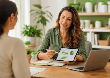Distributrice indipendente illustra a una cliente un piano di vendita di prodotti Herbalife