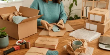 Persona che prepara e imballa oggetti usati venduti online