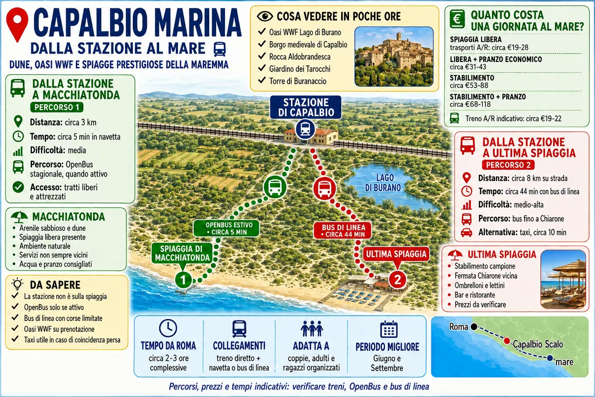 Infografica dei collegamenti dalla stazione di Capalbio alla spiaggia di Macchiatonda e all’Ultima Spiaggia