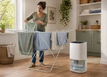 Donna stende il bucato accanto a un deumidificatore acceso