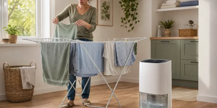 Donna stende il bucato accanto a un deumidificatore acceso