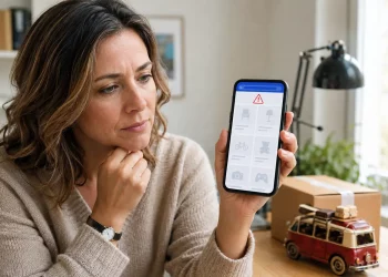 Donna mostra sullo smartphone un problema con gli annunci di Facebook Marketplace
