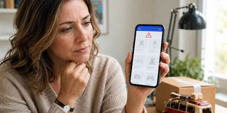 Donna mostra sullo smartphone un problema con gli annunci di Facebook Marketplace
