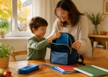 Genitore e bambino preparano lo zaino per il rientro a scuola 2026