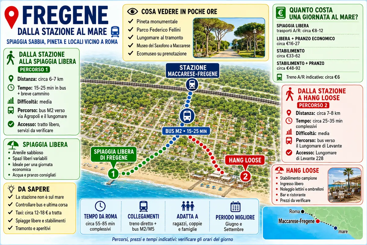 Infografica dei collegamenti dalla stazione Maccarese-Fregene alla spiaggia libera e allo stabilimento Hang Loose