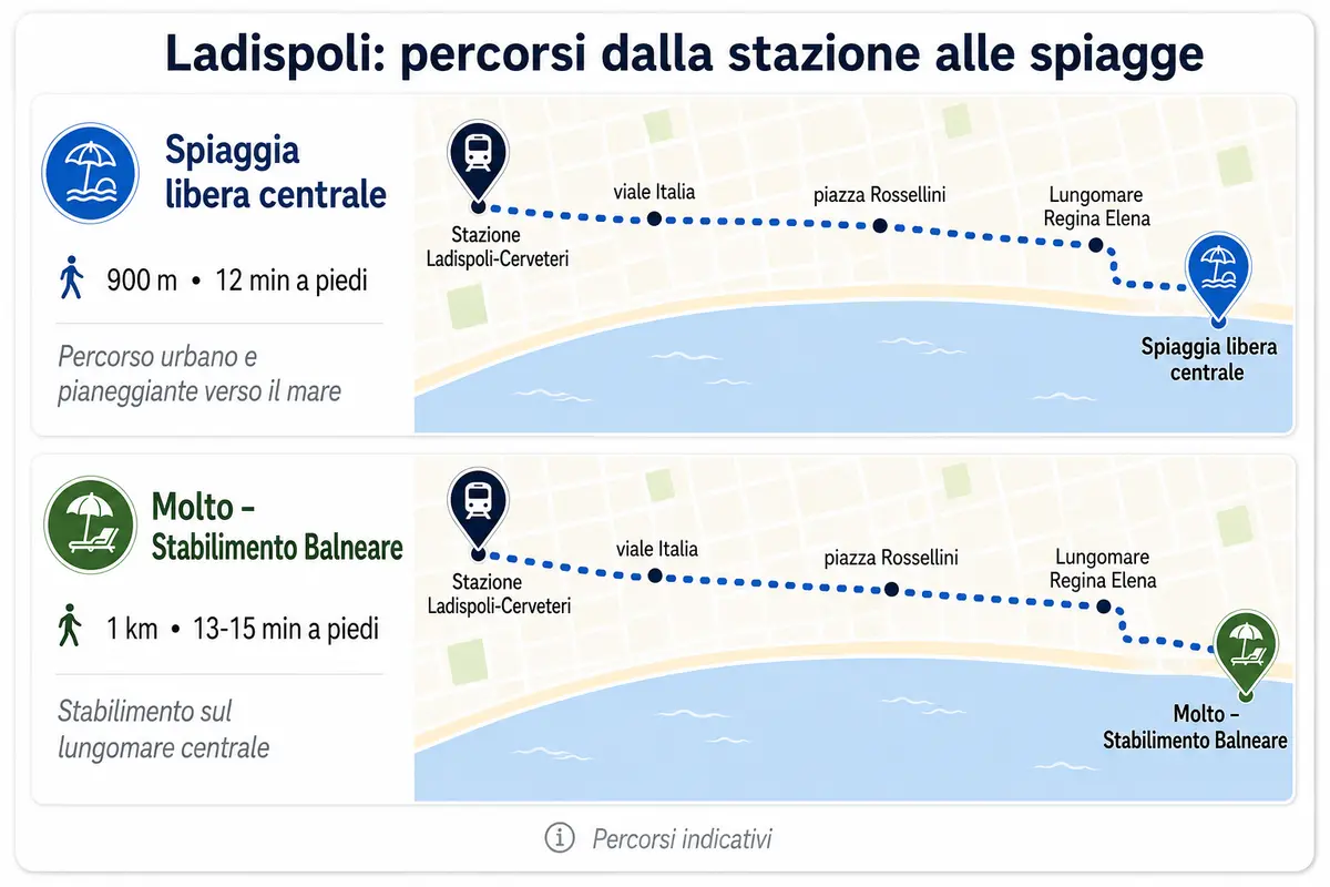 Percorsi dalla stazione Ladispoli-Cerveteri alla spiaggia libera centrale e allo stabilimento Molto