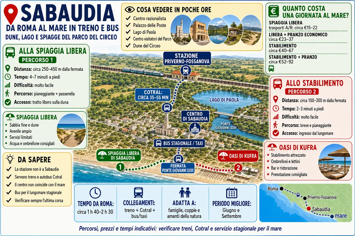 Itinerari da Roma a Sabaudia in treno e autobus, con percorso per la spiaggia libera e lo stabilimento