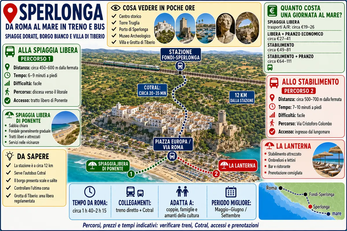 Itinerari da Roma a Sperlonga in treno e autobus, con percorso per la spiaggia libera di Ponente e lo stabilimento La Lanterna