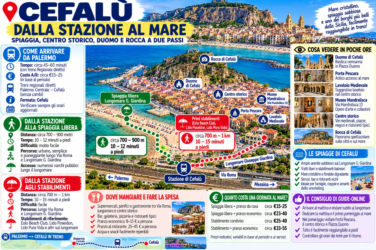 Itinerario dalla stazione di Cefalù alla spiaggia del Lungomare Giuseppe Giardina e al centro storico