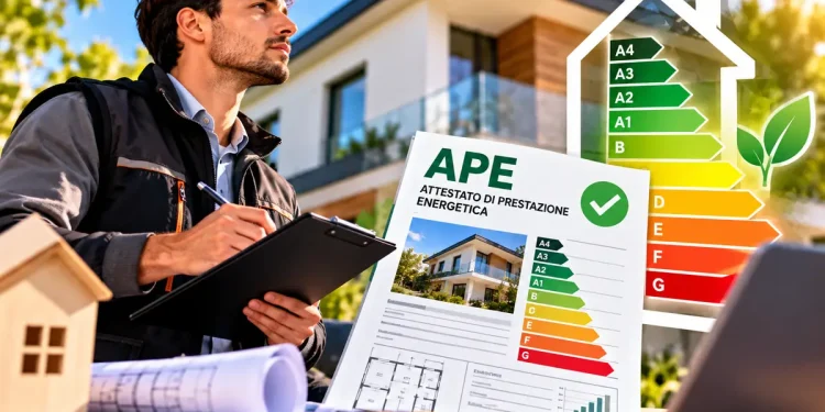 Tecnico certificatore energetico durante il sopralluogo per realizzare un APE