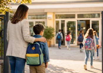 Bambino accompagnato dalla mamma davanti all’ingresso di una nuova scuola