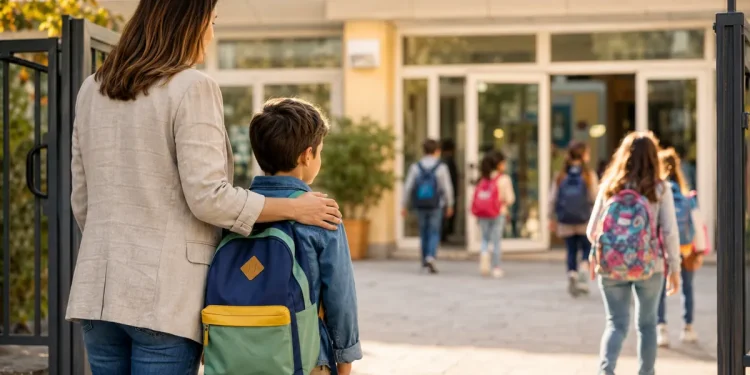 Bambino accompagnato dalla mamma davanti all’ingresso di una nuova scuola