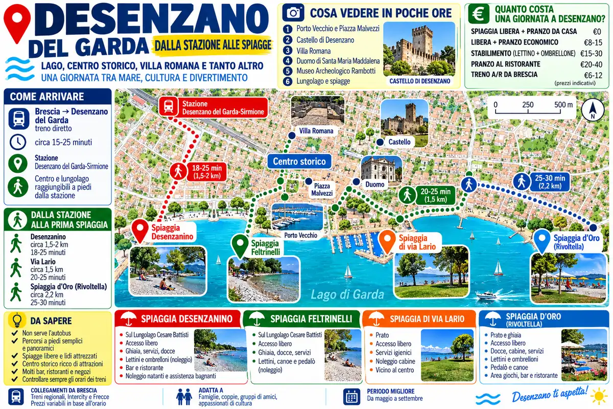 Mappa dalla stazione di Desenzano del Garda-Sirmione alle spiagge di Desenzano, con Desenzanino, Feltrinelli, via Lario, Spiaggia d’Oro e principali attrazioni del centro storico.