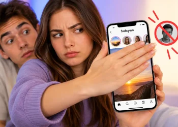 Ragazza nasconde lo schermo dello smartphone per non mostrare una Storia Instagram a una persona