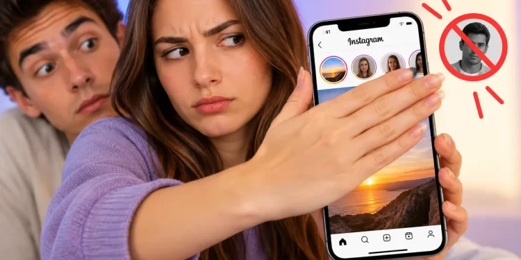 Ragazza nasconde lo schermo dello smartphone per non mostrare una Storia Instagram a una persona