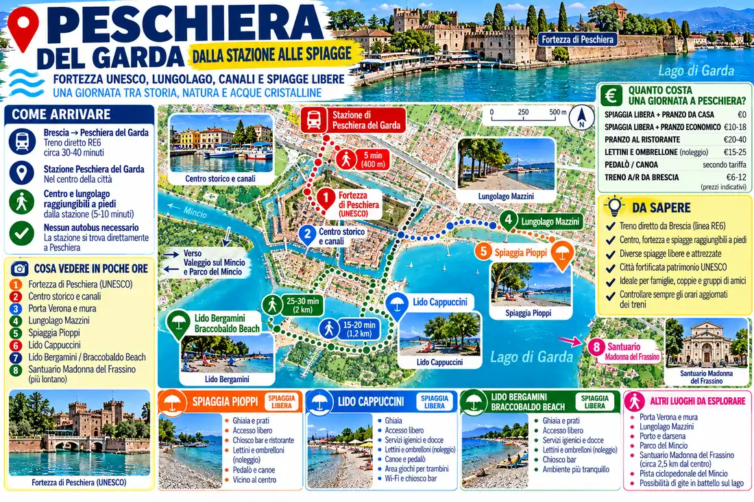 Mappa dettagliata dalla stazione di Peschiera del Garda alle spiagge, con Spiaggia Pioppi, Lido Cappuccini, Lido Bergamini, Fortezza UNESCO e centro storico.