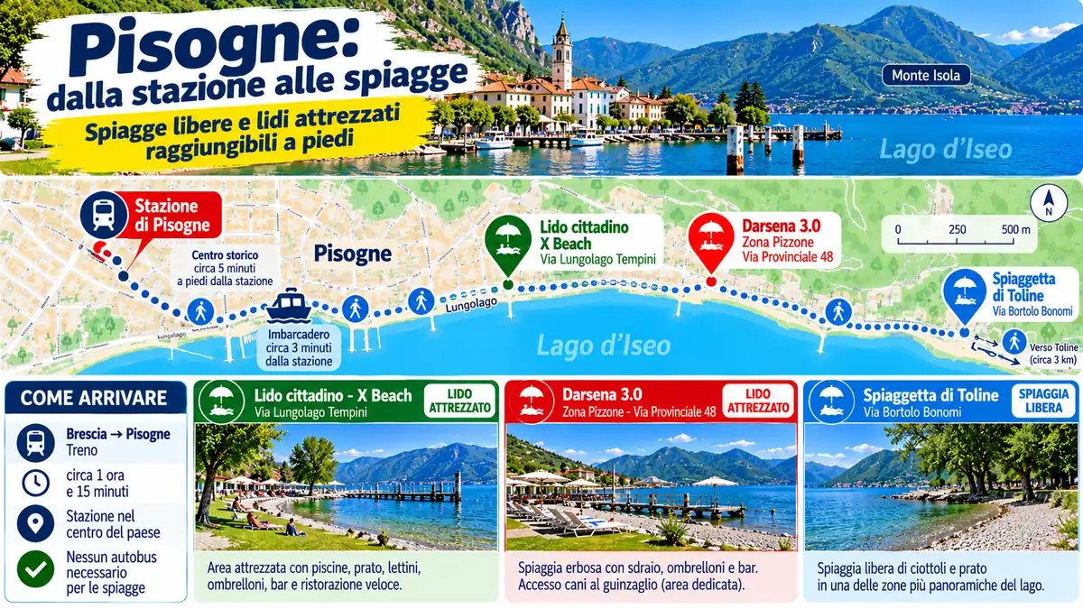 Mappa dalla stazione di Pisogne alle spiagge del Lago d’Iseo, con Lido cittadino X Beach, Darsena 3.0 e spiaggetta libera di Toline.
