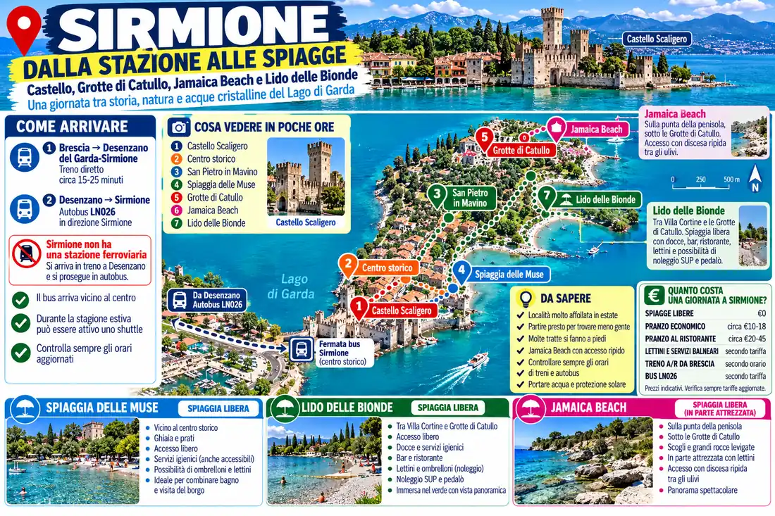 Mappa itinerario da Brescia a Sirmione in treno e autobus, con Castello Scaligero, Spiaggia delle Muse, Lido delle Bionde, Jamaica Beach e Grotte di Catullo.