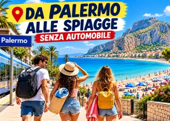 Ragazzi diretti alle spiagge di Palermo con i mezzi pubblici, copertina della guida alle spiagge senza automobile.