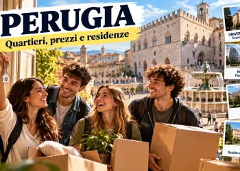 Studenti universitari felici che trovano casa a Perugia con richiami al centro storico e alle sedi universitarie
