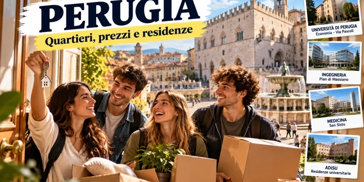 Studenti universitari felici che trovano casa a Perugia con richiami al centro storico e alle sedi universitarie