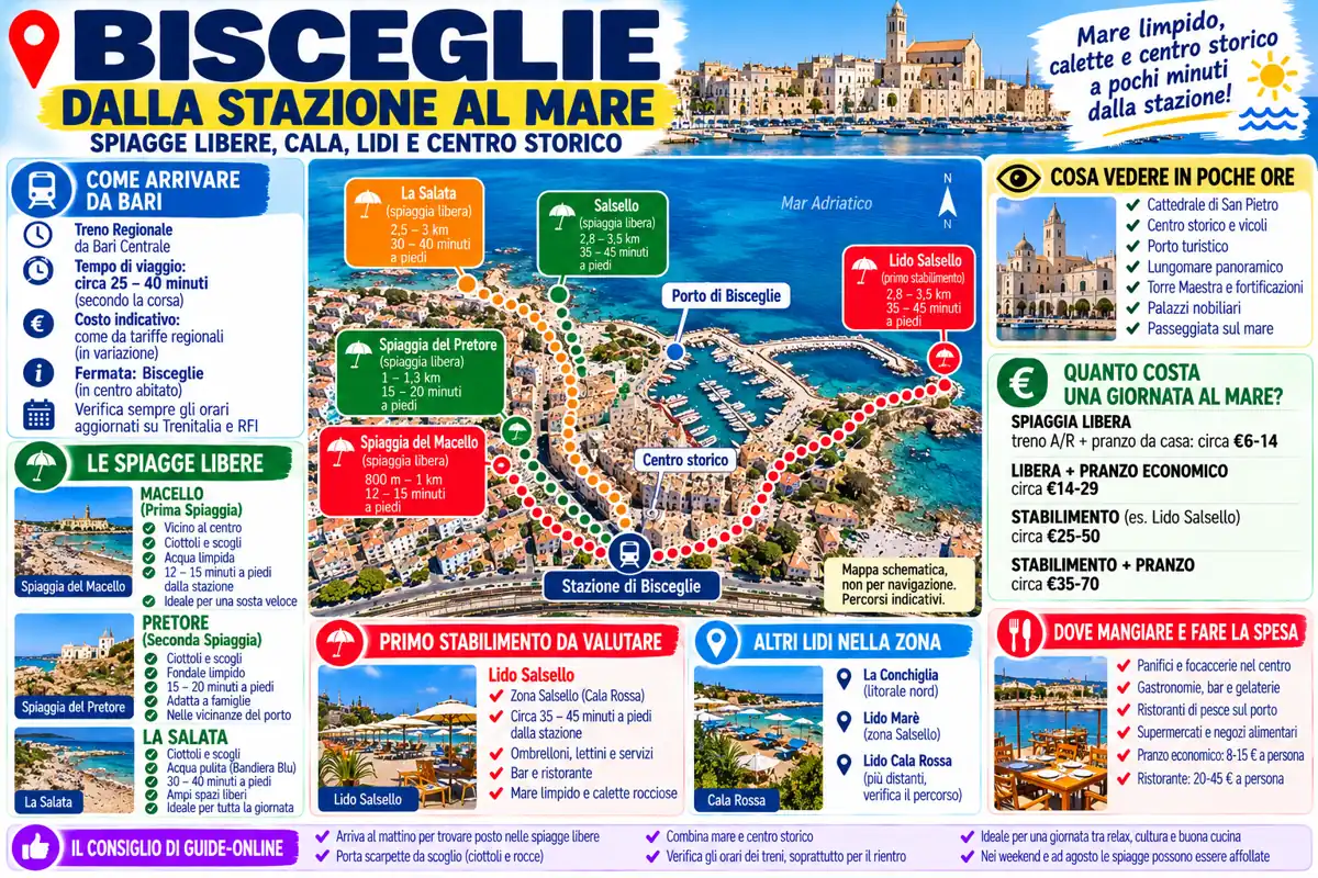 Infografica di Bisceglie con itinerari dalla stazione ferroviaria alle spiagge libere del Macello, del Pretore, La Salata e Salsello, con stabilimenti balneari e luoghi da visitare.