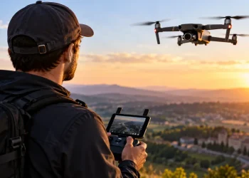 Operatore professionale pilota un drone con radiocomando durante un volo panoramico al tramonto.